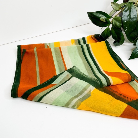 Vintage Accessories - VINTAGE 1970s Striped Scarf Orange Yellow Green | Boho Polyester
